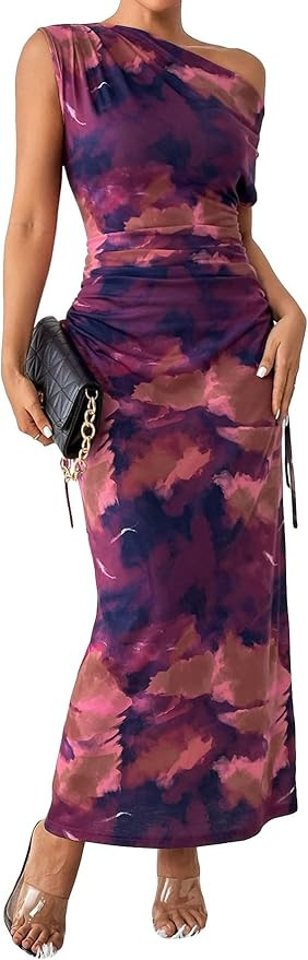 Floerns Women's Asymmetrical Neck Short Sleeve Ruched Fishtail Hem Party Long Dress | Amazon (US)