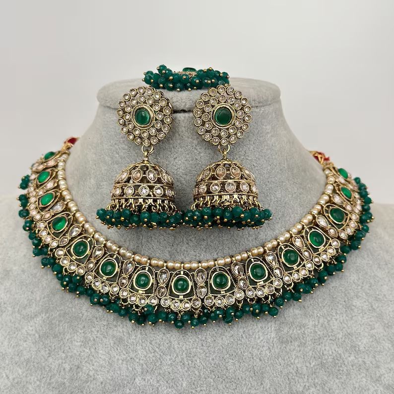 Green Pearl Polki Kundan necklace set/Statement necklace Set/Indian Jewelry/Pakistani Jewelry set... | Etsy (US)