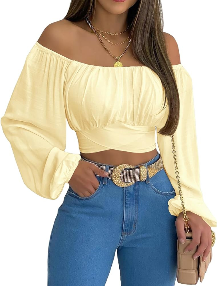 MIRACMODA Woman Off Shoulder Ruched Tie Back Crop Top Summer Lantern Sleeve Boho Shirt Blouse | Amazon (US)