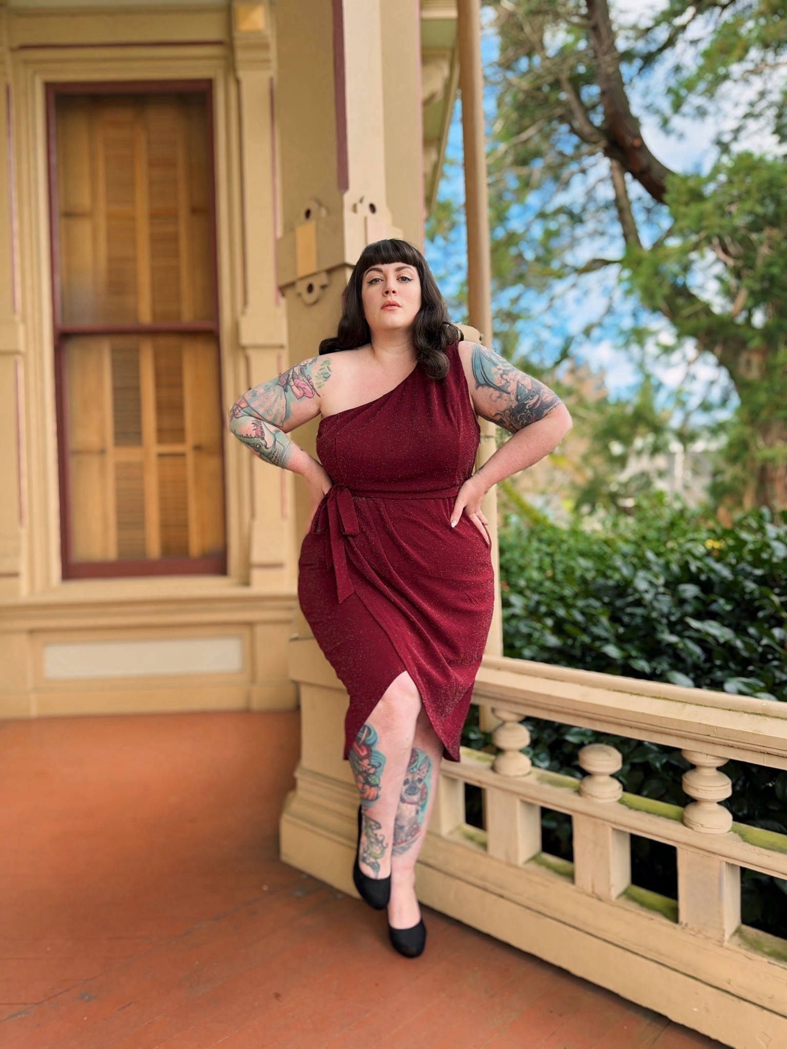 Plus size sparkle burgundy one shoulder faux wrap wiggle dress 

#LTKPlusSize #LTKOver40 #LTKFindsUnder50