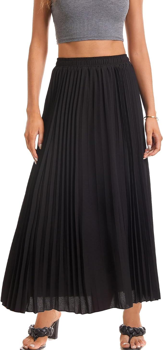 Womens Elastic High Waist Long Pleated Skirt Tiered Boho Swing A line Beach Maxi Skirt | Amazon (US)