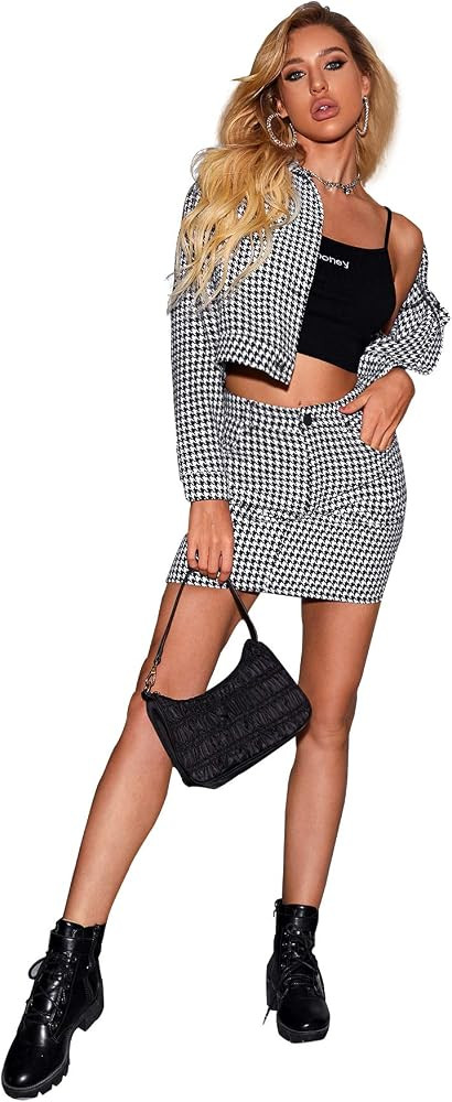 SweatyRocks Women's Business Suit 2 Pieces Tweed Blazer Jacket Coat and Skirt Set | Amazon (US)