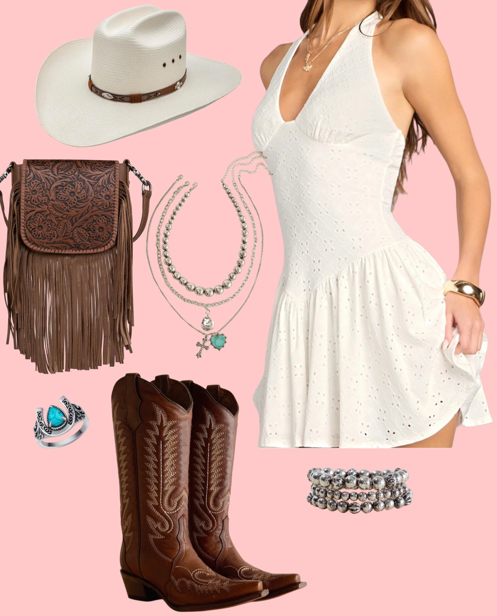 White eyelet mini dress paired with chocolate brown boots! Added silver jewelry and a gorgeous leather fringe handbag 

#LTKSeasonal #LTKFestival #LTKootd