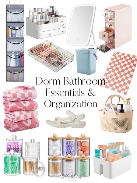 Dorm Bathroom Essentials & Organization: towels, bath mat, shower caddy, over the door organization, makeup organizers, shower sandals, mini trash can, desk mirror.

#LTKhome #LTKunder100 #LTKFind