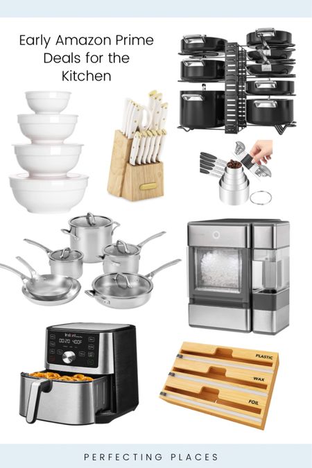These Amazon Prime early access deals for your kitchen are fabulous! GE nugget ice maker, netting mixing bowls, air fryer, pots and pans organizer, Calphalon cookware, gold and white knife block, kitchen wrap organizer, magnetic measuring spoons.

#LTKsalealert #LTKhome