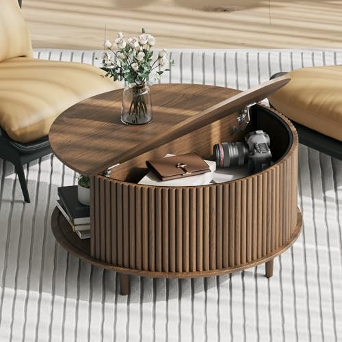 31.5" Round Coffee Table with Storage, Mid Century Modern Coffee Table with Shelf & Sliding Door,Small Dining Table Fluted Center Table for Living Room,Walnut | Amazon (US)