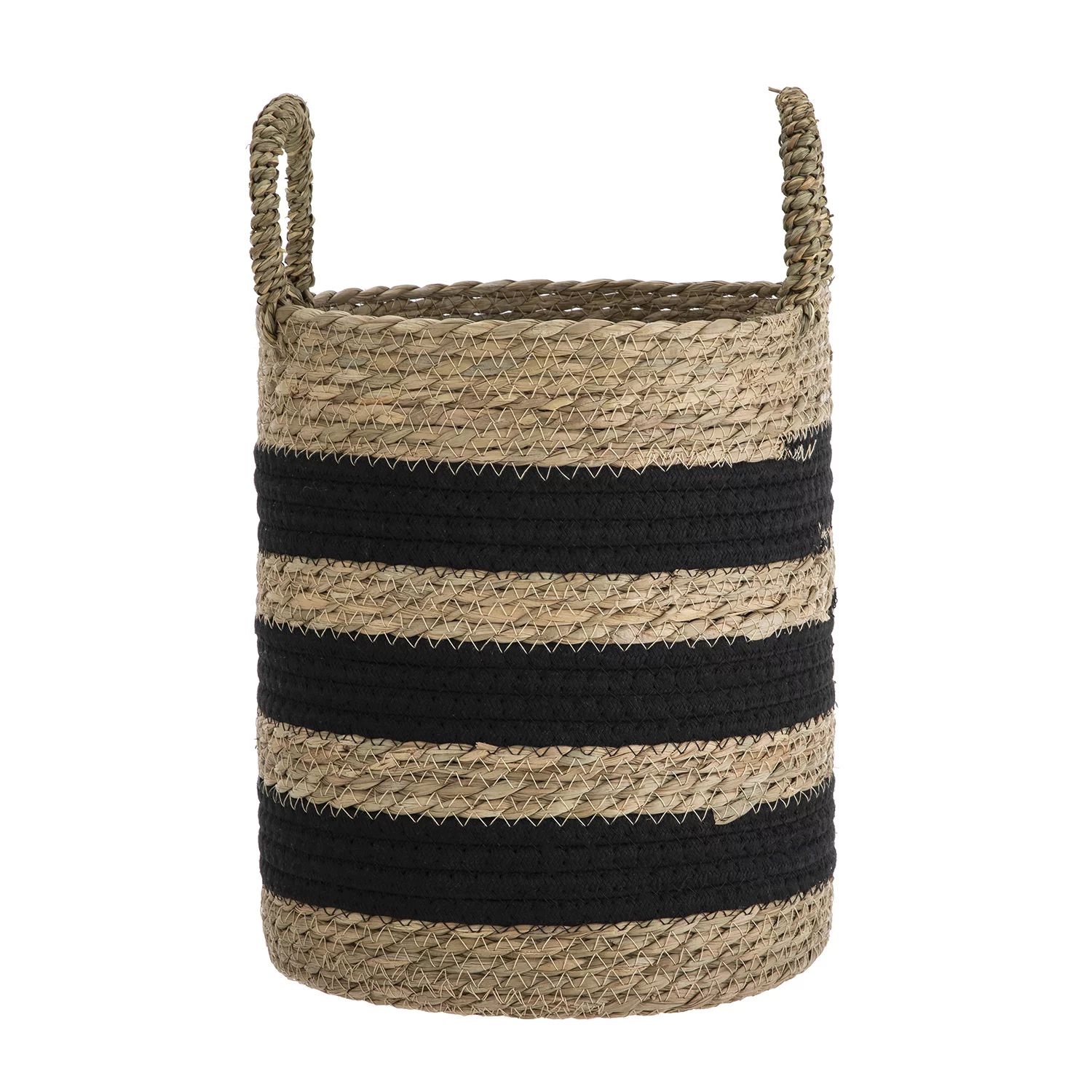 Mainstays Natural and Black Rush Decorative Storage Basket with Handles, 11.4", Round | Walmart (US)