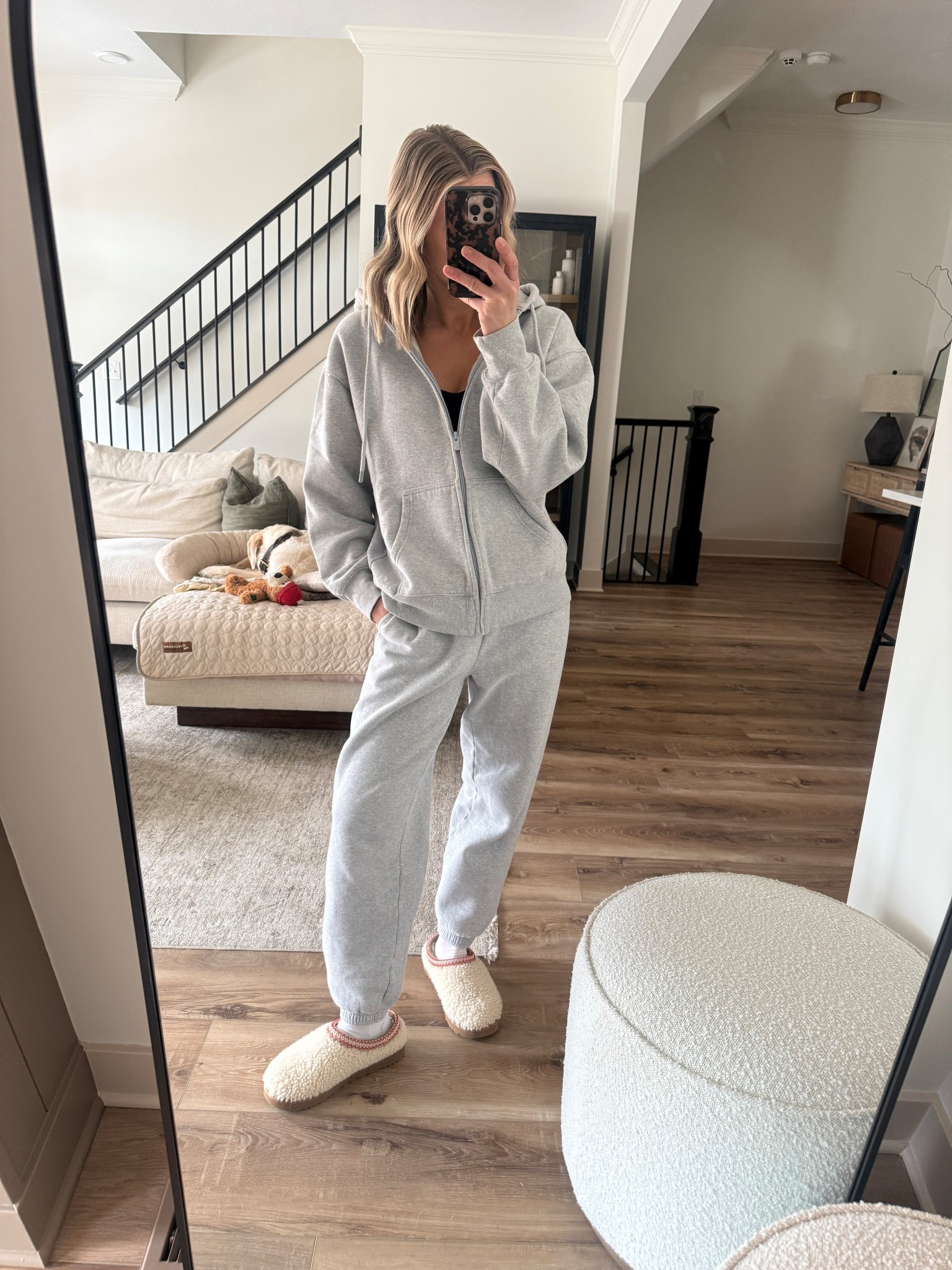 Wearing small zip-up sweatshirt, XS joggers, small leggings + sports bra (code: LAWXSPANX), socks/slippers tts

#LTKmorningroutine #LTKOver40 #LTKActive