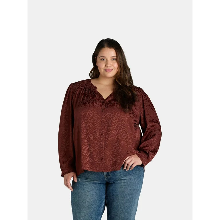 Terra & Sky Black Label Women's Plus Size Button Front V Neck Blouse with Long Sleeves, 0X-4X | Walmart (US)