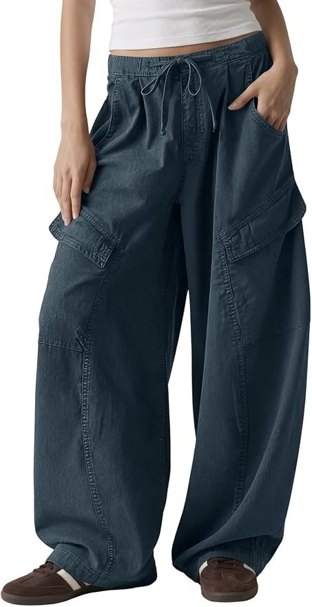 Fisoew Womens Barrel Baggy Cargo Pants Elastic Waist Wide Leg Casual Pants Y2K Streetwear with Mu... | Amazon (US)