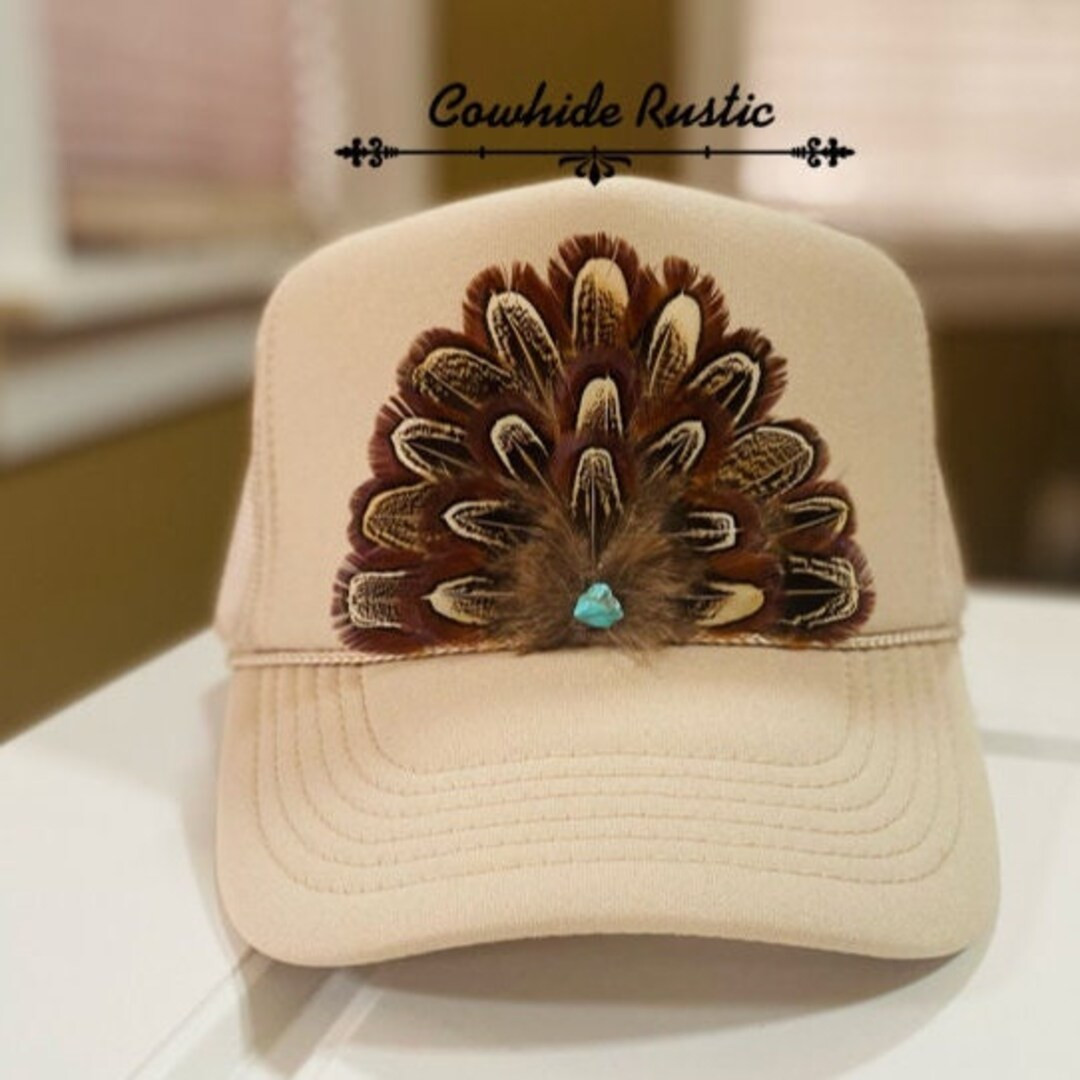Feather Trucker Hat in Khaki - Etsy | Etsy (US)