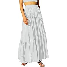 ANRABESS Women’s Boho Elastic High Waist Pleated A-Line Flowy Swing Asymmetric Tiered Maxi Long... | Amazon (US)