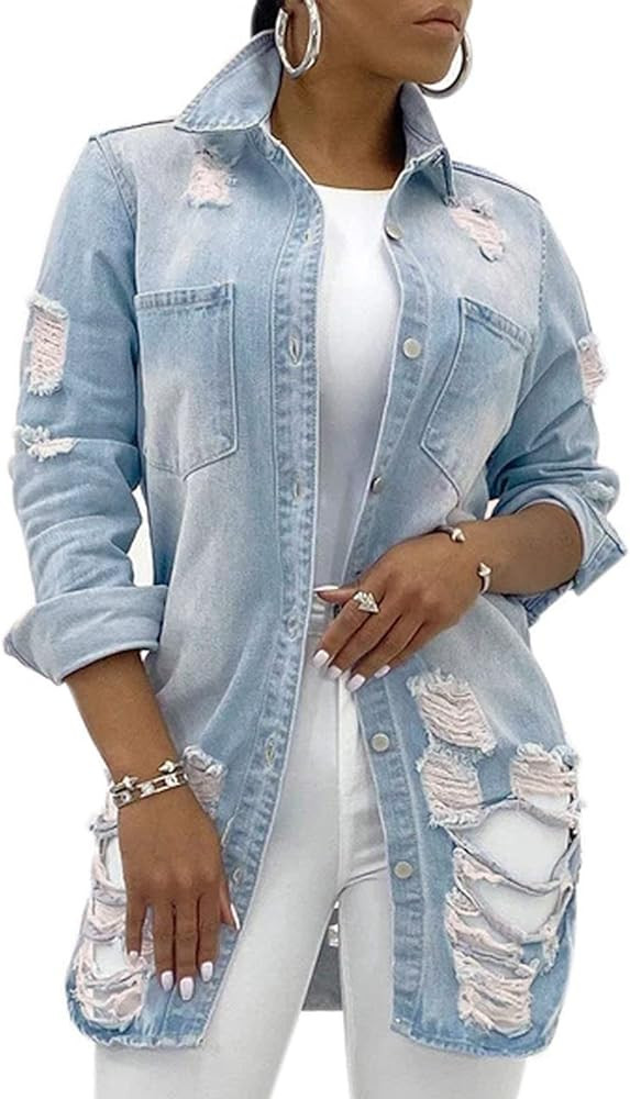 sexycherry Denim Jacket for Women Long Sleeve Classic Trucker Jeans Long Coat Outwear with Pocket... | Amazon (US)