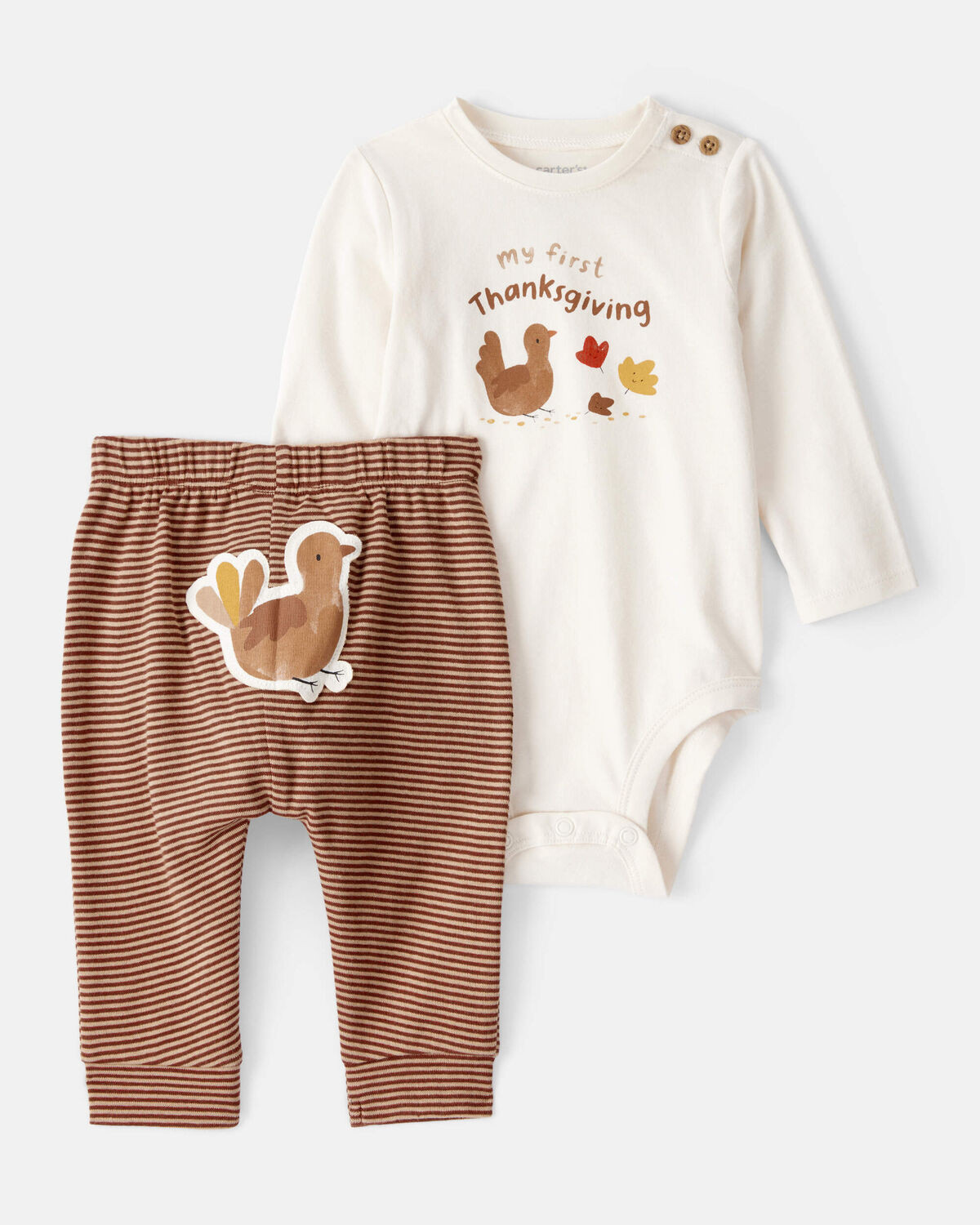 Baby My First Thanksgiving Cotton Long-Sleeve Bodysuit & Pant Set - Cream/Brown | Carter's Inc