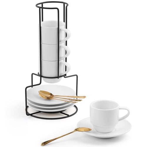 Lareina 3-Ounce Espresso Cups with Saucers, Spoons and Metal Stand, Small Stackable Coffee Cups Set of 4, Ceramic Demitasse Mugs, White | Amazon (US)