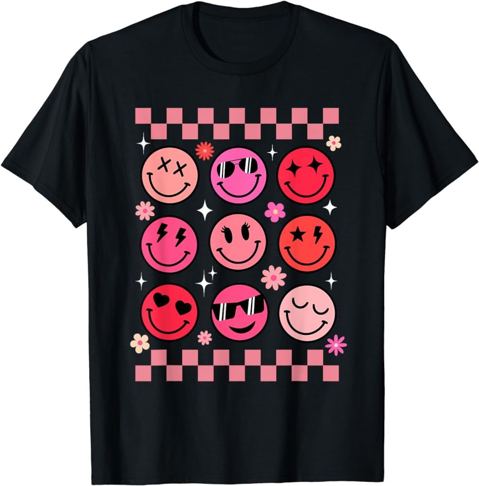 Valentine Retro Groovy Pink Happy Face T-Shirt | Amazon (US)