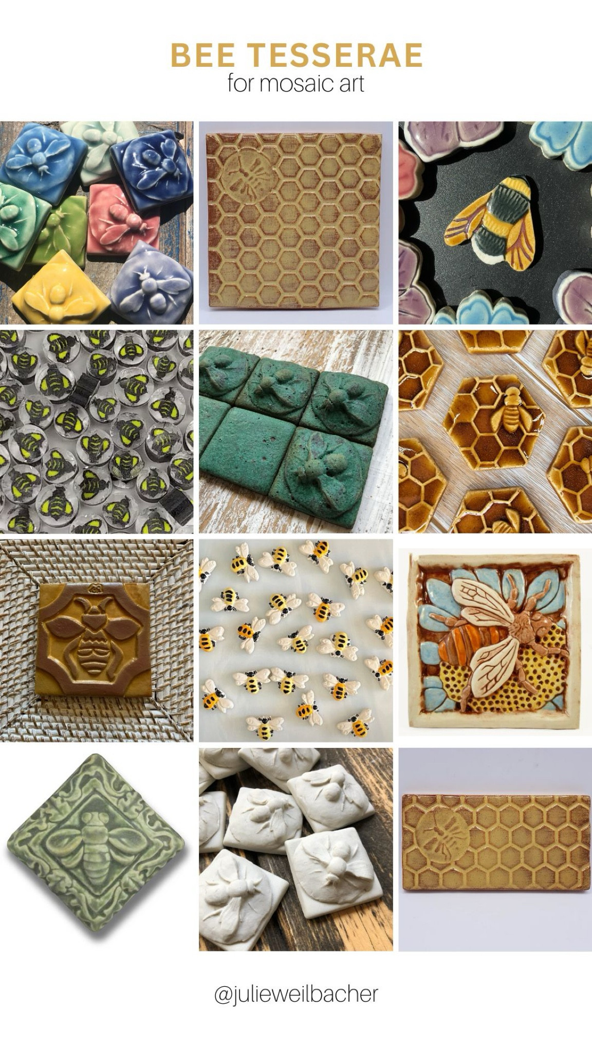 Sharing bees to use in mosaic art. 🐝 The featured mosaic tesserae includes bees made of ceramic and glass. 🐝 Choose from handmade ceramic tiles, glass murrini, and individual handmade ceramic bees. 🐝 Group an assortment of bees in a dish on a coffee table for a fun display. 🐝 For mosaic tips, tutorials, inspiration, and so much more please visit my YouTube channel: YouTube.com/julieweilbacher. Follow @julieweilbacher on Instagram for all things mosaic art. bee art - ceramic bee - gifts for bee keepers - mosaic - handmade tile - mosaic art

#LTKHome #LTKFindsUnder100