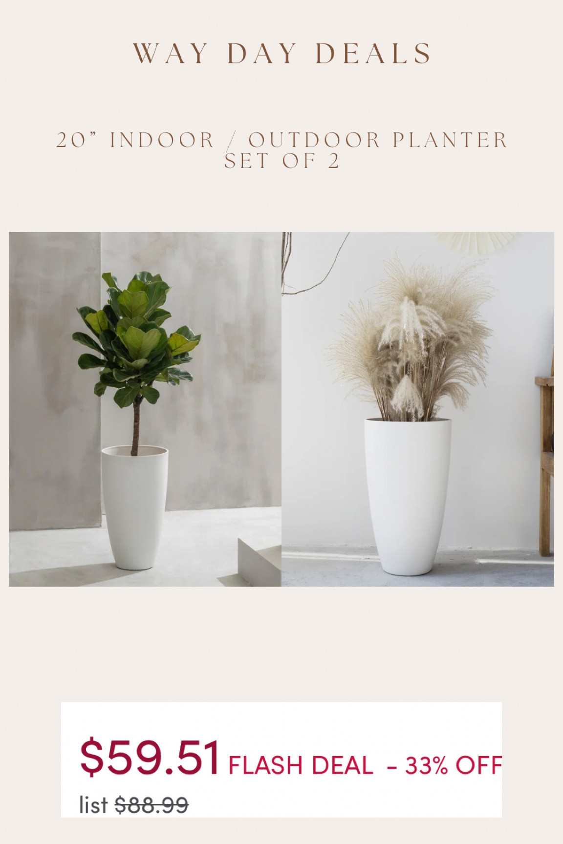 Wow!! Way Day one day only flash sale!!! Such an amazing deal for these beautiful & great sized indoor / outdoor planters. One for $43 or two for $59