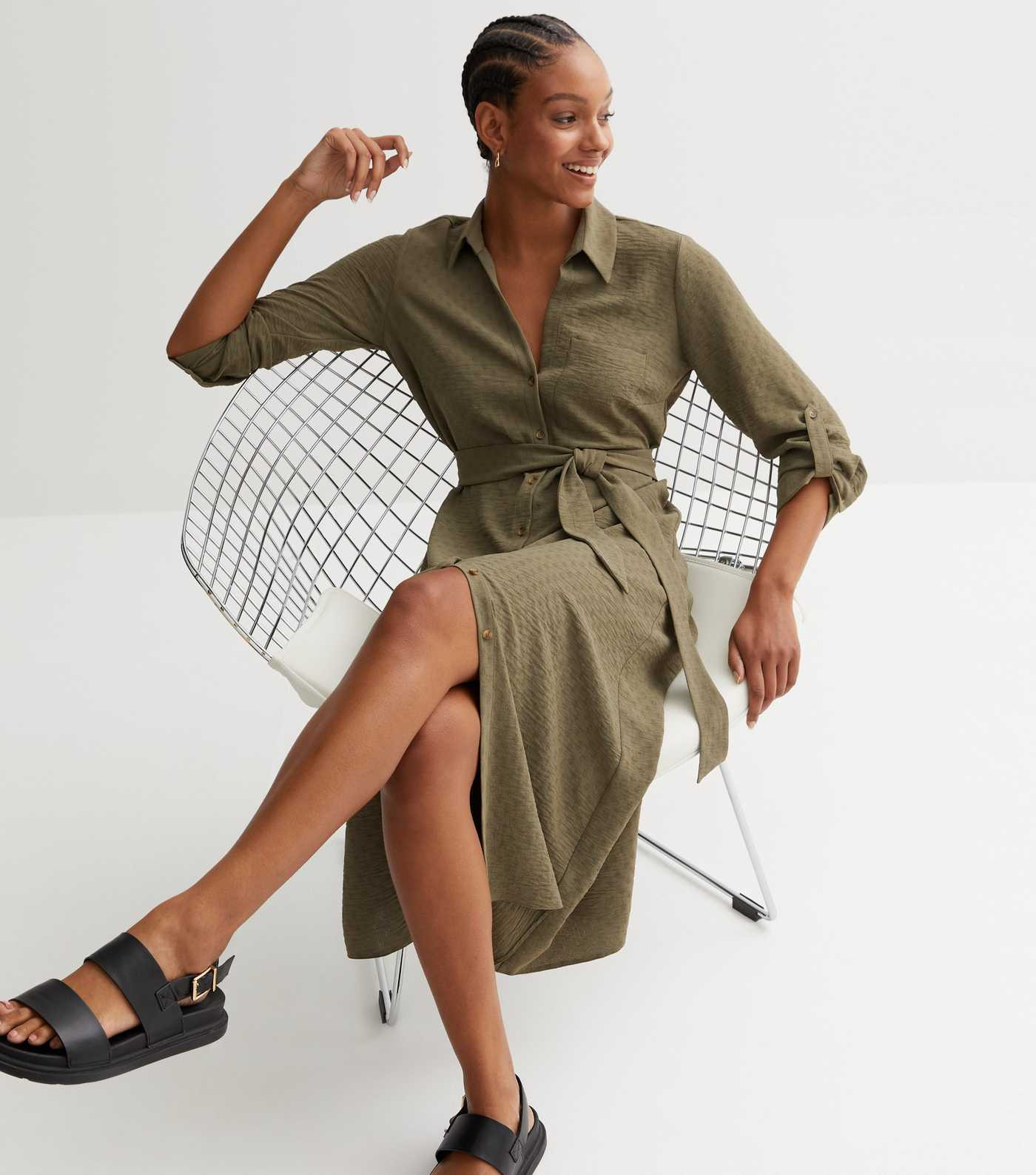 Khaki Textured Belted Midi Shirt Dress
						
						Add to Saved Items
						Remove from Saved It... | New Look (UK)