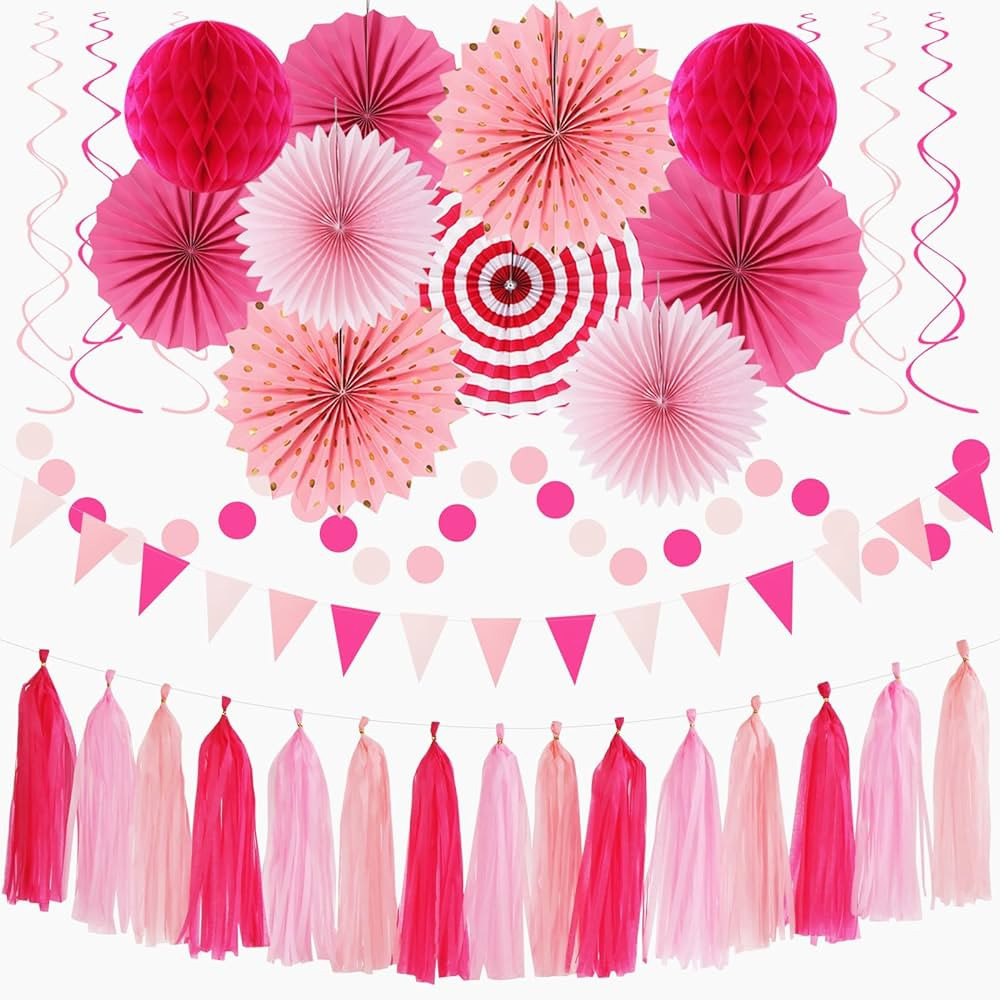 Hot-Pink Rose Red Party-Decorations - 33pcs Banner,Streamers Tassel Garland,Tissue Pom Poms Honey... | Amazon (US)