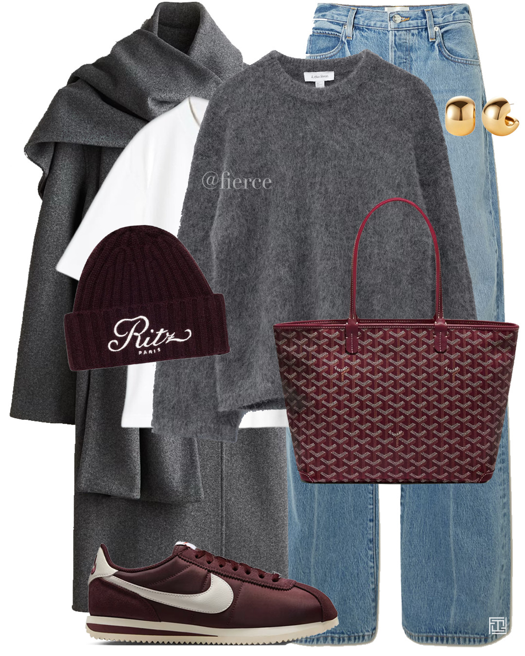 Blue jeans grey scarf coat burgundy beanie hat burgundy Nike cortez grey mohair jumper casual weekend outfit shopping coffee break 

 #LTKuk #LTKwinter #LTKeurope
