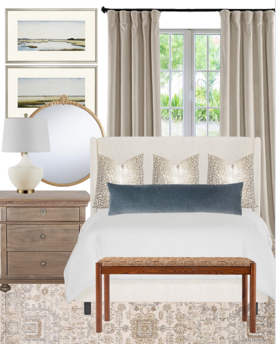 Neutral bedroom inspiration! 

Bedroom, guest room, primary bedroom, neutral bedroom, modern bedroom, traditional bedroom, upholstered bed, lamp, bench, lumbar pillow, accent pillow, nightstand, mirror, framed art, velvet curtains, area rug, neutral home decor 

#LTKhome #LTKsalealert #LTKunder100