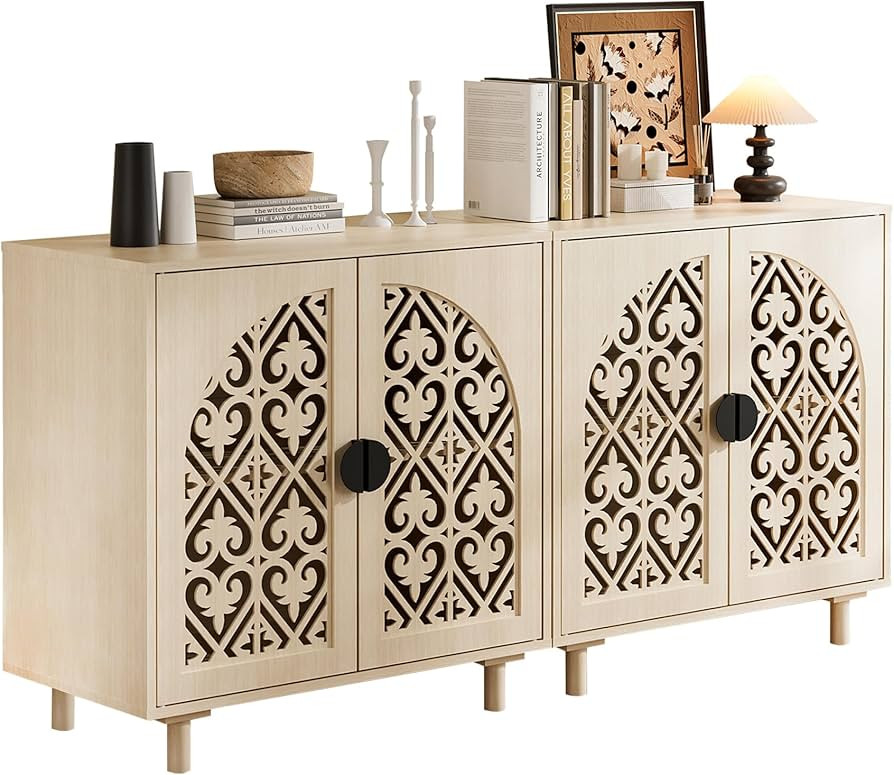 Storage Sideboard Cabinet, 60 x 32 x 16 inches, 4 Doors with Decorative Carved Panels, Natural Wo... | Amazon (US)