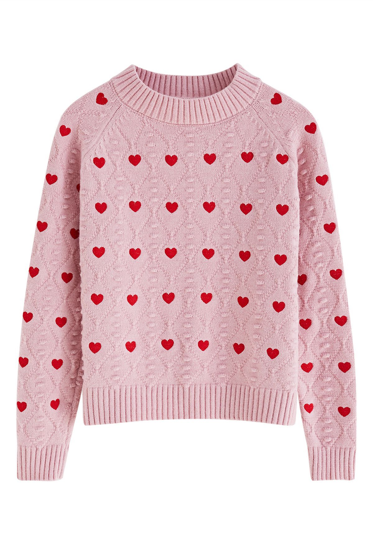 Full of Hearts Embroidered Emboss Knit Crop Sweater in Pink | Chicwish