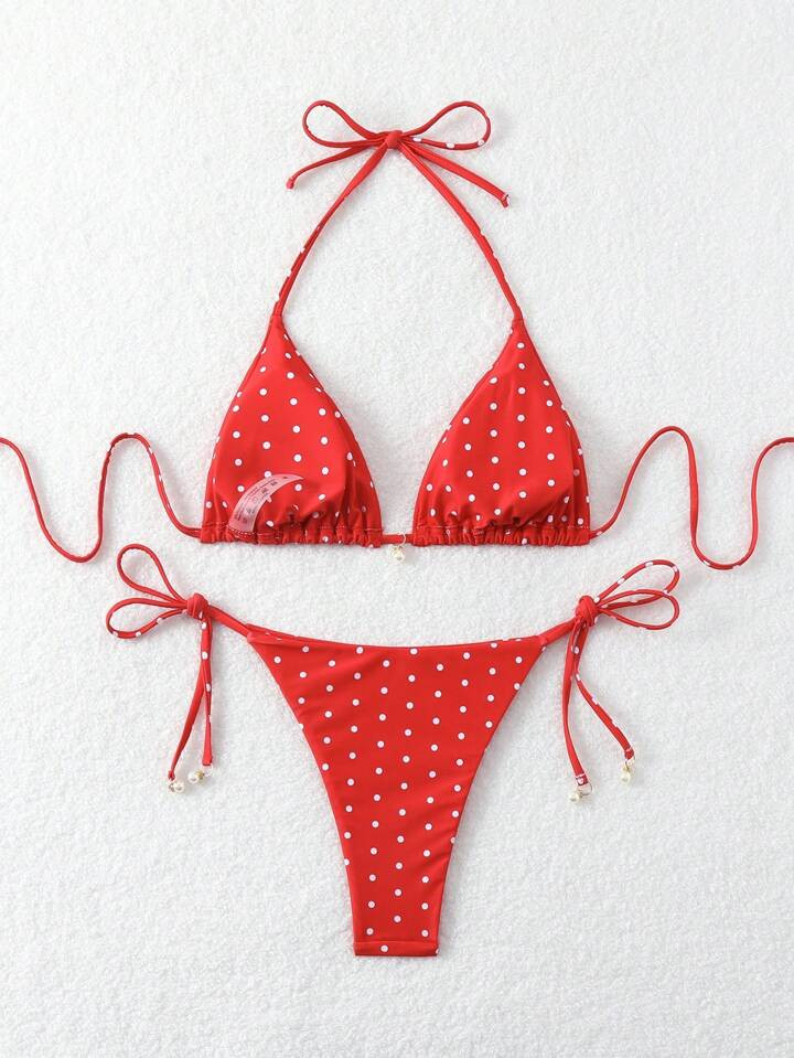 Swim Basics Summer Beach Women's Random Polka Dot Printed Bikini Set | SHEIN