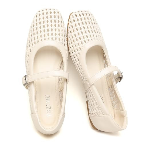 Yozuru Womens Woven Ballet Flats Mesh Mary Jane Shoes Dressy Squared Toe Comfortable Buckle Strap Casual Leather Flats for Women Beige | Amazon (US)