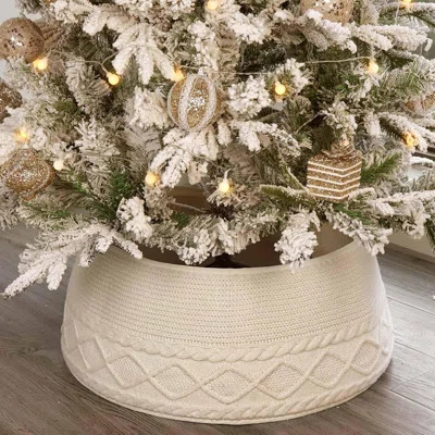 Bunny Chorus Knitted Christmas Tree Collar: Cream Crossed Diamond Edge Chunky Cable Knit Christmas Tree Collars for Artificial Trees, Farmhouse Rustic | Wayfair North America