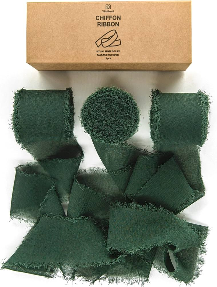 Vitalizart Dark Green Handmade Chiffon Silk Ribbon Fringe 3 Rolls 1.5" x 21 Yd Frayed Edges Ribbo... | Amazon (US)