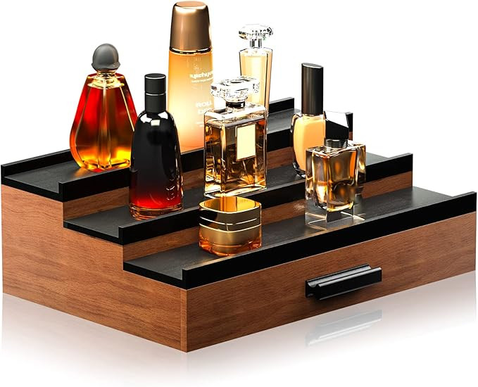 Wooden Cologne Organizer for Men 3 Tier of Elevated Cologne Display Shelf with Drawer Storage Per... | Amazon (US)