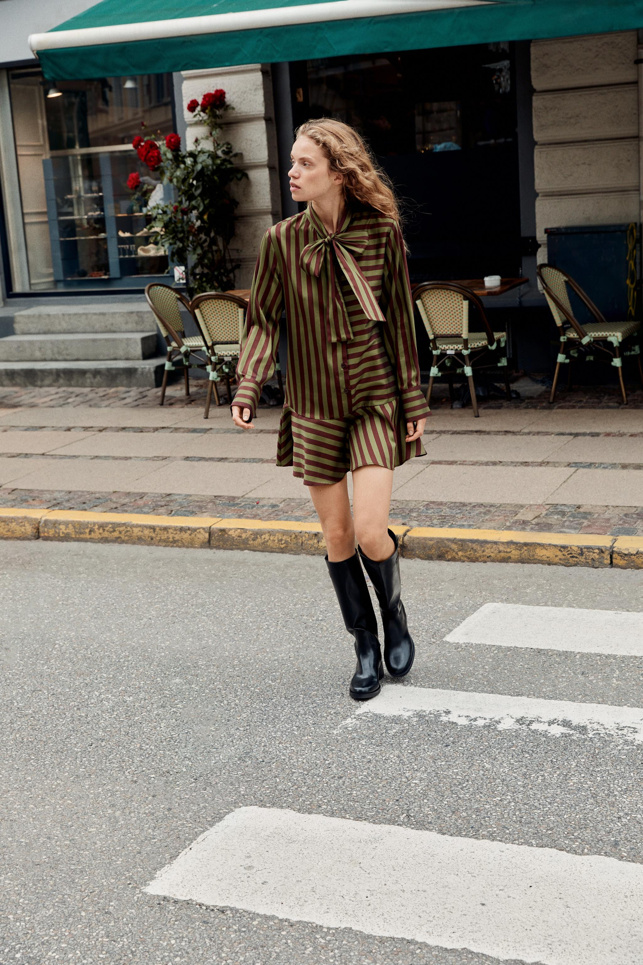 STRIPED TIE-NECK DRESS | Zara US