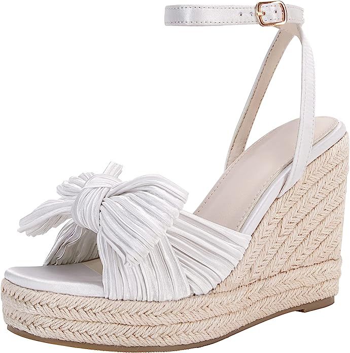 VETASTE Women's Pleated Bow Ankle Buckle Strap Wedge Sandal Square Open Toe Sandals Espadrille Pl... | Amazon (US)