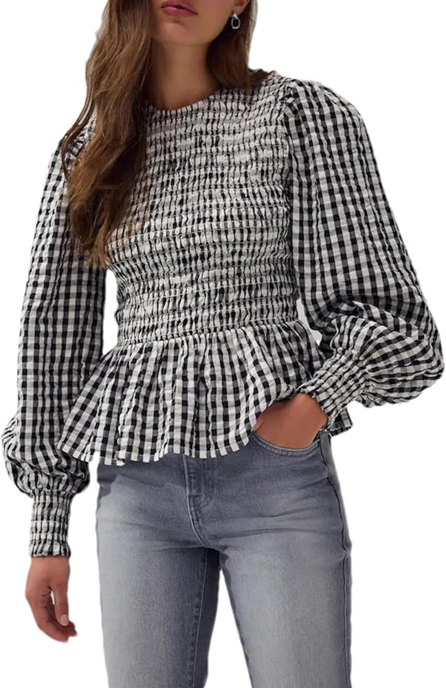 Bozanly Womens Smocked Ruffle Hem Plaid Boluse Vintage Long Lanter Sleeve Shirts Peplum Babydoll ... | Amazon (US)