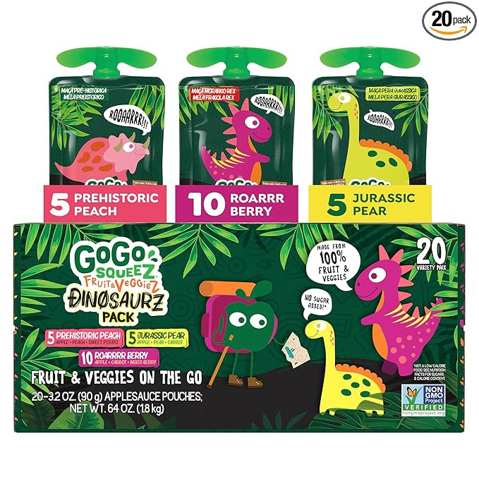 GoGo squeeZ Fruit & veggieZ Applesauce and Puree Variety Pack, Jurassic Pear, Roarrrr Berry & Pre... | Amazon (US)