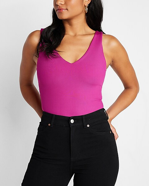 Body Contour Ribbed V-Neck Thong Bodysuit | Express