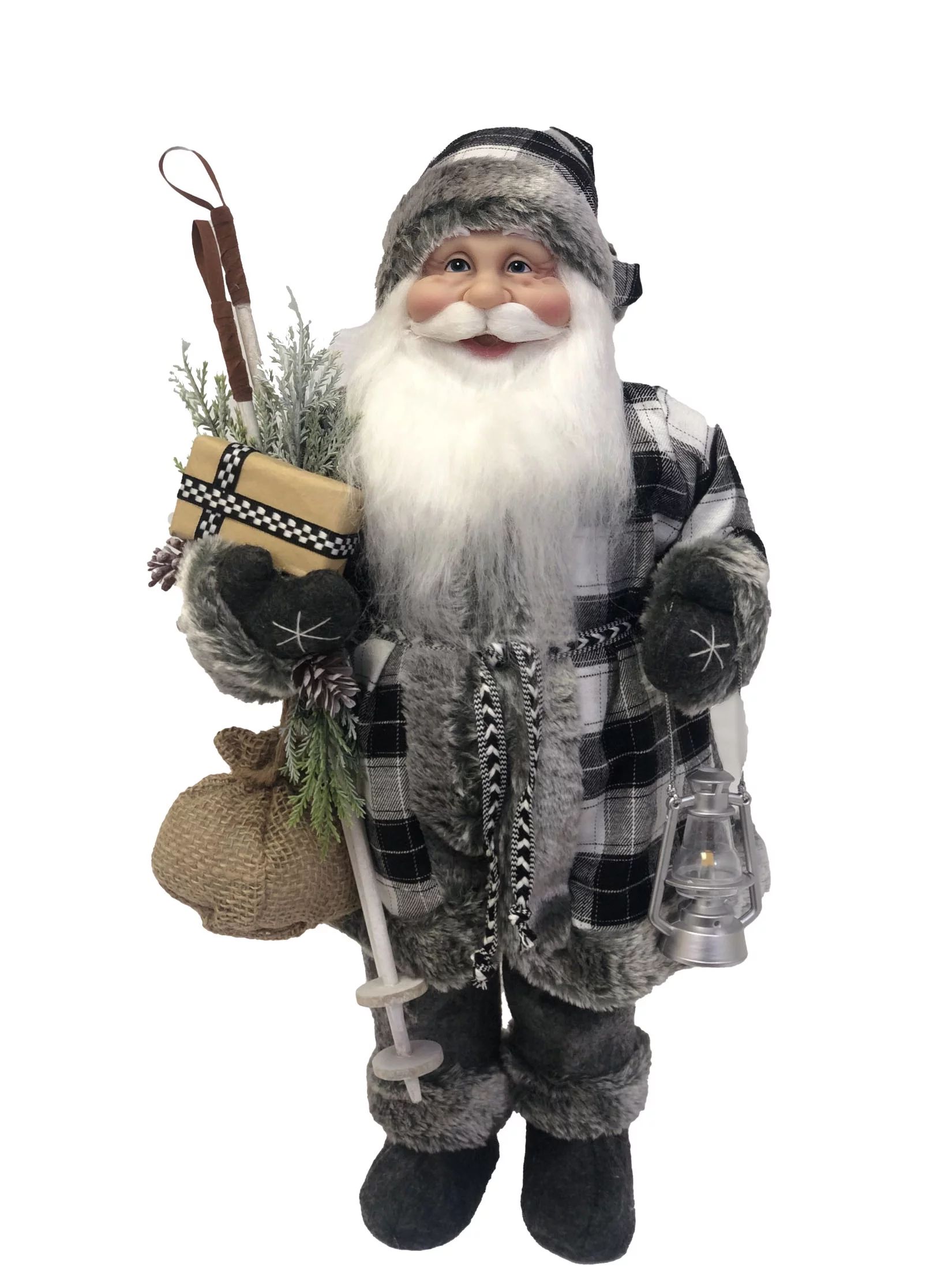 Holiday Time 18 Inch Tall Standing Santa, Black and White Plaid Coat with Lantern, Indoor Décor | Walmart (US)