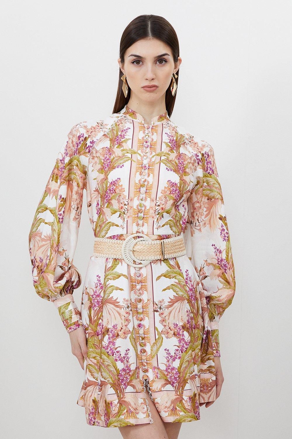 Mirorred Floral Viscose Linen Mini Dress | Karen Millen UK + IE + DE + NL