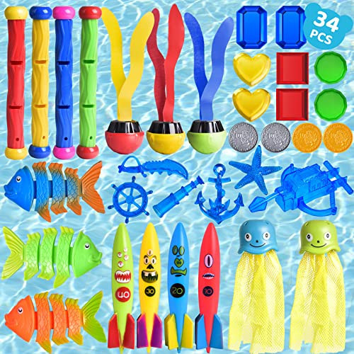 FUN LITTLE TOYS 34PCS Diving Toys for Pool for Kids, Pool Toys for Kids Swimming Pool Accessories Toddler Pool Games for Adults and Family Outdoor Water Toys Summer Swim Toys Dive Pool Party Supplies | Amazon (US)