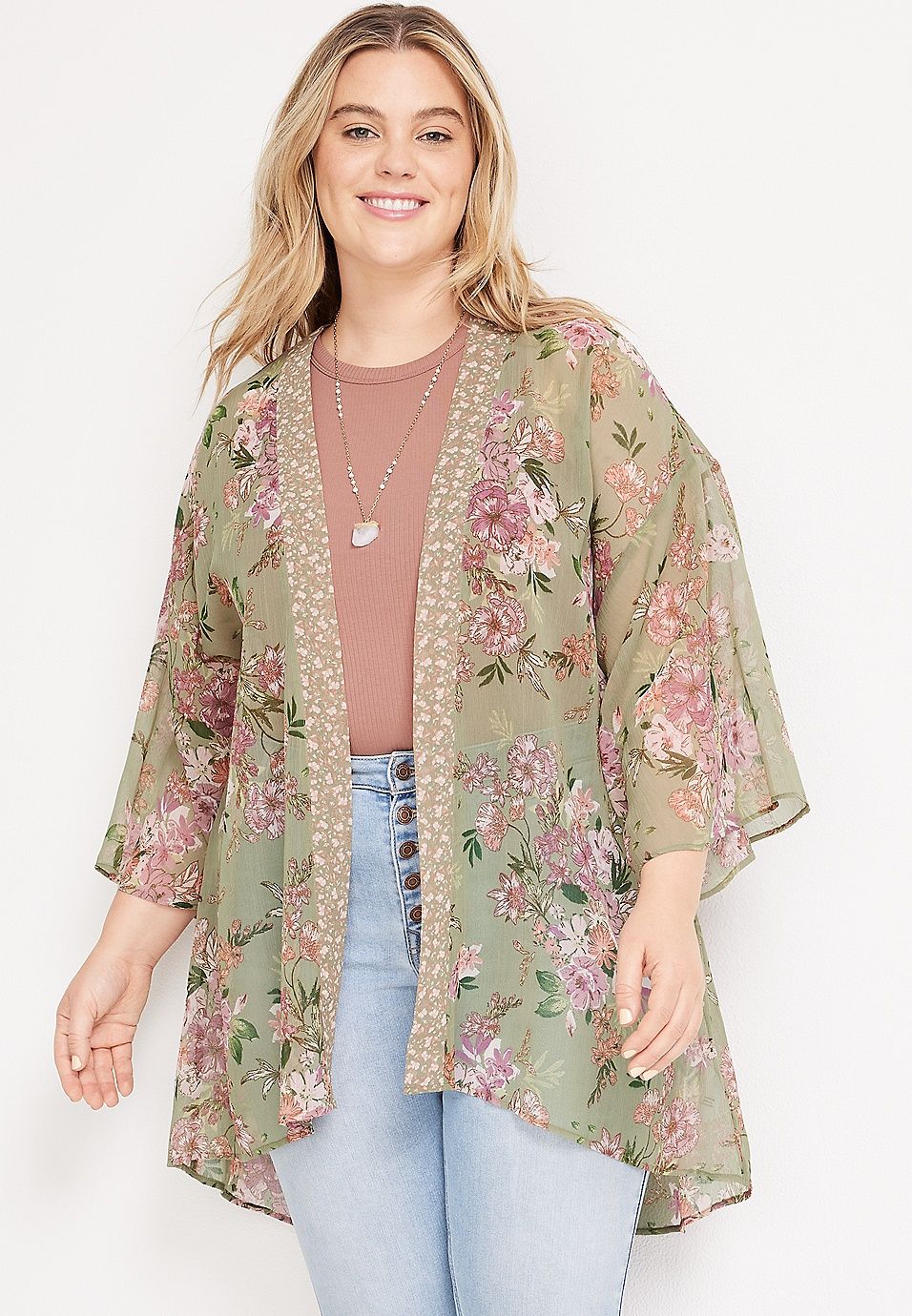Plus Size Floral Border Kimono | Maurices