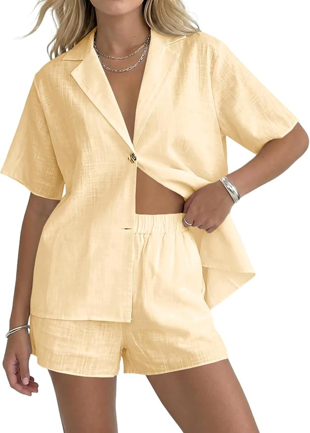 Fisoew Womens 2 Piece Sets Summer Button Down Collared Shirt Shorts Sets Beach Vacation Outfits C... | Amazon (US)