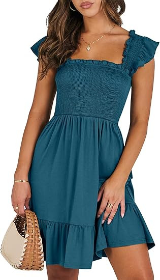 ANRABESS Women's Summer Casual Sleeveless Square Neck Dress 2026 Smocked Ruffle Backless Boho Bea... | Amazon (US)