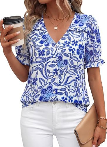 PRETTYGARDEN Womens Boho Tops Summer 2026 V Neck Puff Sleeve Casual Button Down Ruffle Floral Blo... | Amazon (US)
