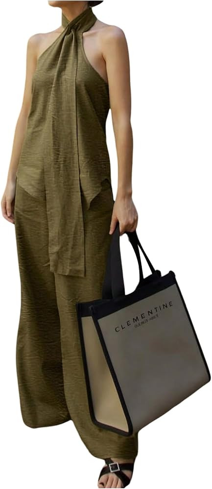 Floerns Women's 2 Piece Travel Outfits Summer Asymmetrical Halter Tops and Wide Leg Pants Sets | Amazon (US)