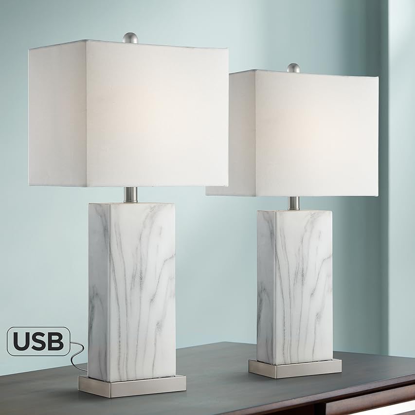 Connie Mid Century Modern Table Lamps 25" High Set of 2 with USB Charging Port White Faux Marble Rec | Amazon (US)