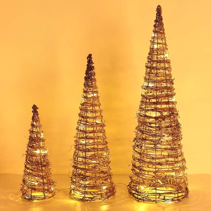 Lewondr Christmas Cone Trees, Set of 3 Christmas Tree with Lights and Winding Rattan Vine(24"/18"... | Amazon (US)