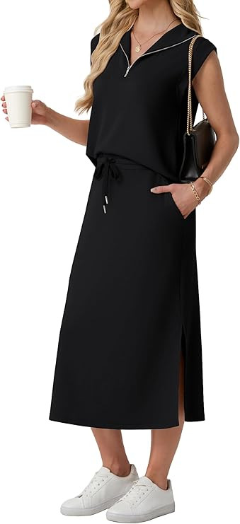 Lepunuo Women Skirt Sets 2 Piece Outfits Casual Half Zip Lapel Cap Sleeve Tops Split Maxi Skirt A... | Amazon (US)