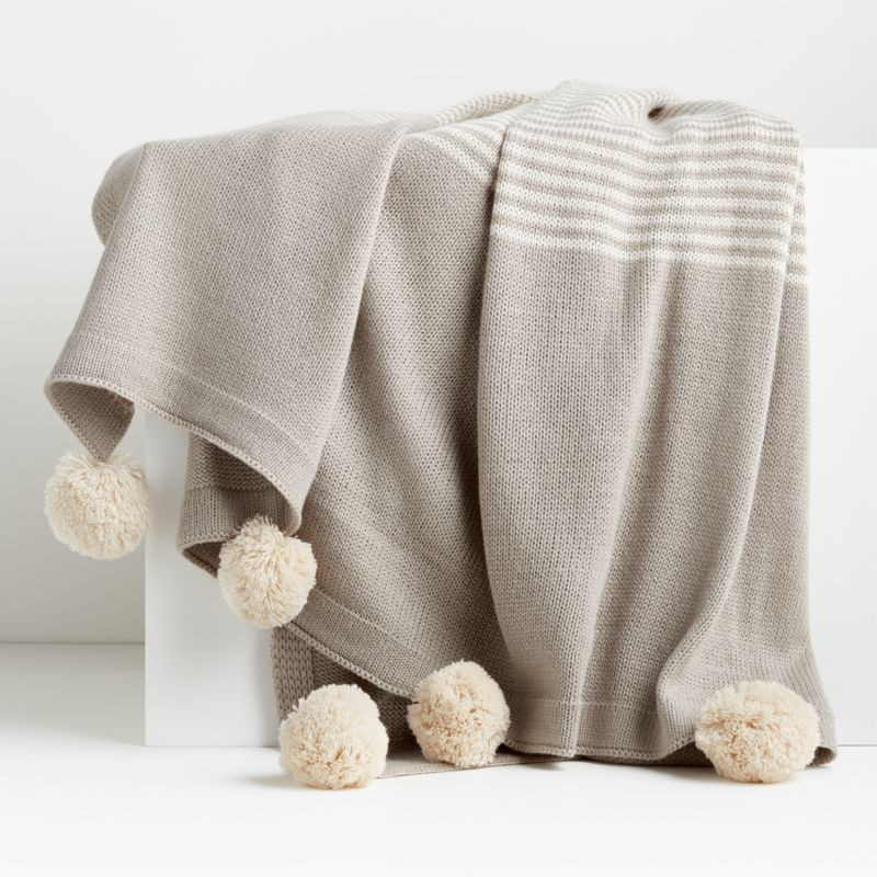 Striped Taupe Pom-Pom Throw | Crate and Barrel | Crate & Barrel